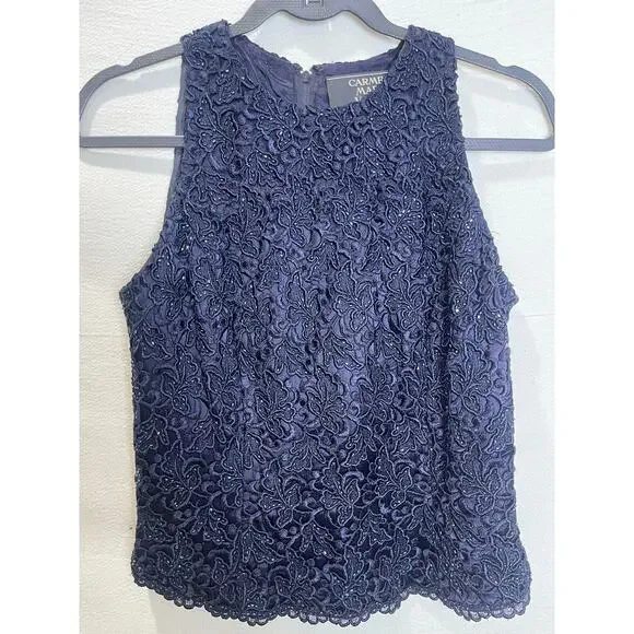 Carmen Marc Valvo Navy Lace Beaded Sleeveless Top – Size 4 - Picture 5 of 9